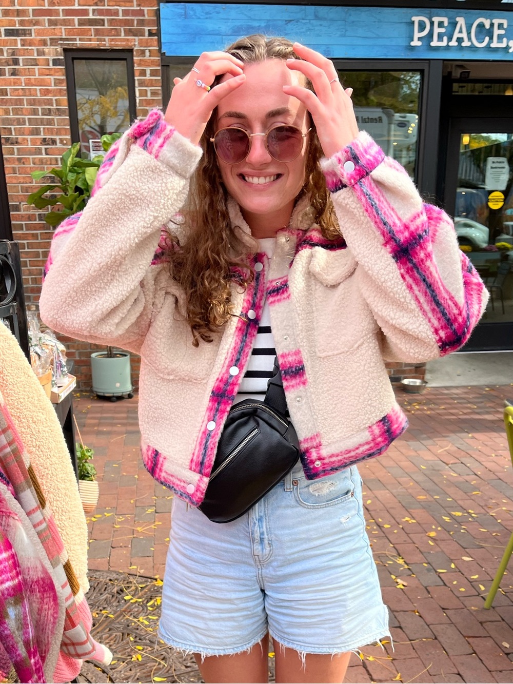 Beige & Pink Plaid Sherpa Jacket